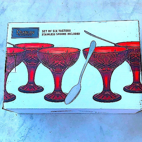 GODINGER TASTERS DUBLIN RED CRYSTAL SET (6) WITH STAINLESS STEEL SPOONS - Picture 7 of 8